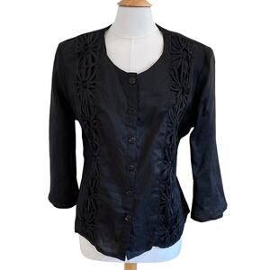 Night Studio Black Linen Floral Embroidered 3/4 Sleeve Blazer, Size 18